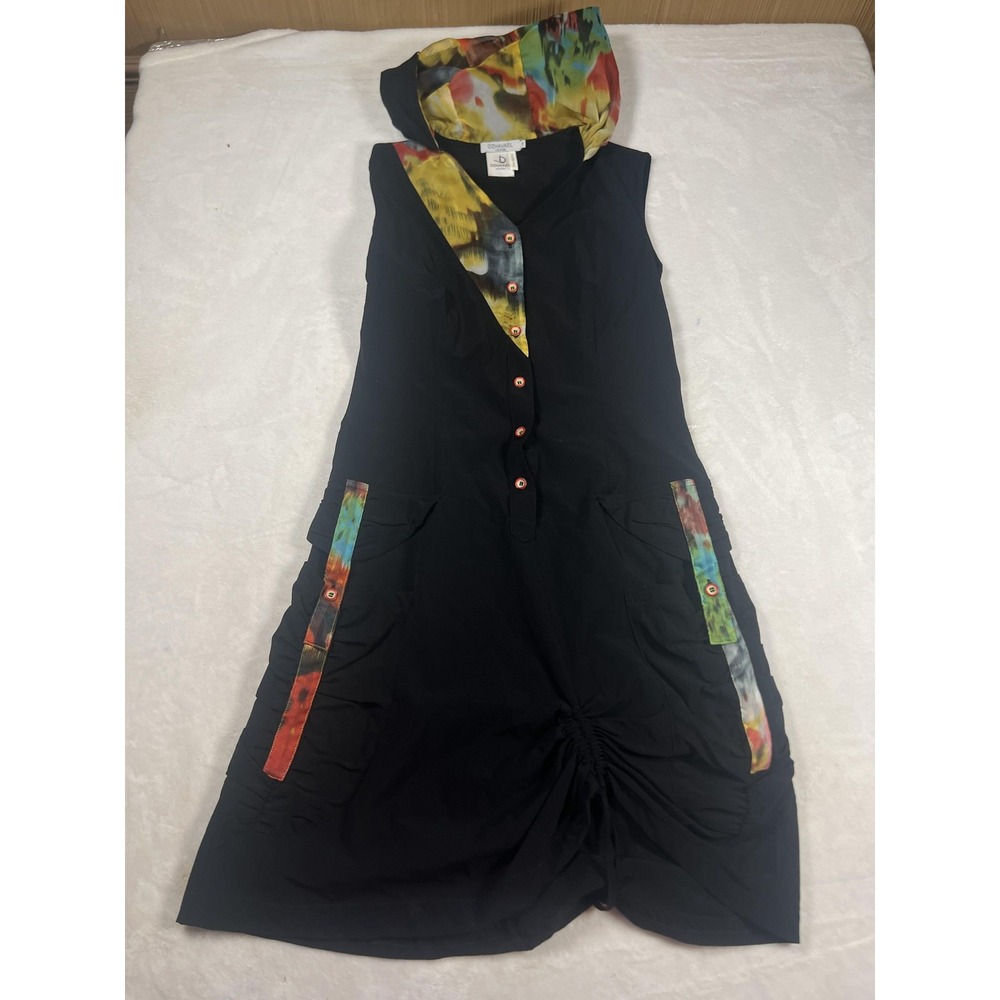 DZHAVAEL Couture Dress Womens Small Black Tie Dye Hooded Sleeveless Ruched Shift
